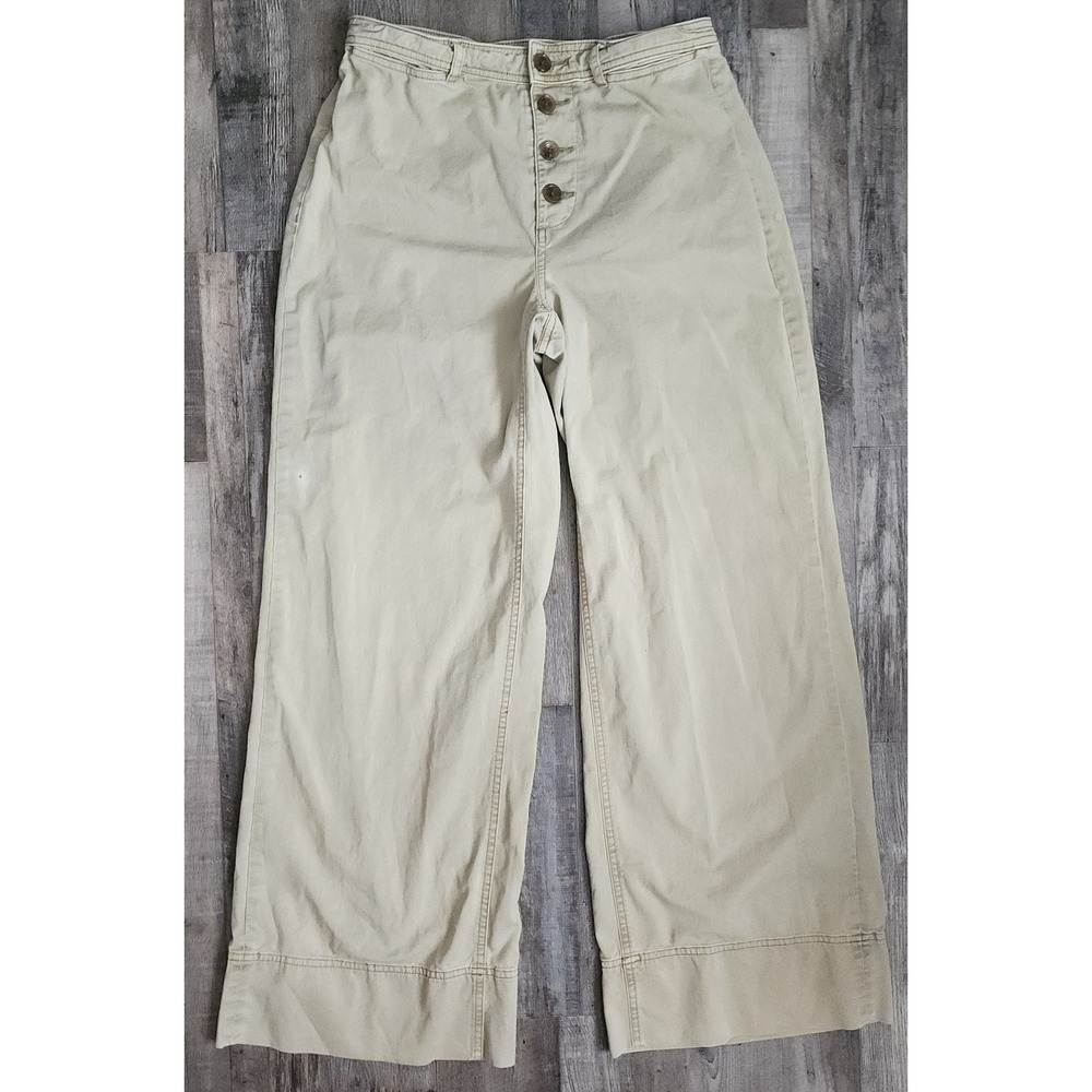 Everlane Wide Leg Crop Pants Women 4 Khaki Tan Button Fly Cotton Twill Mid Rise